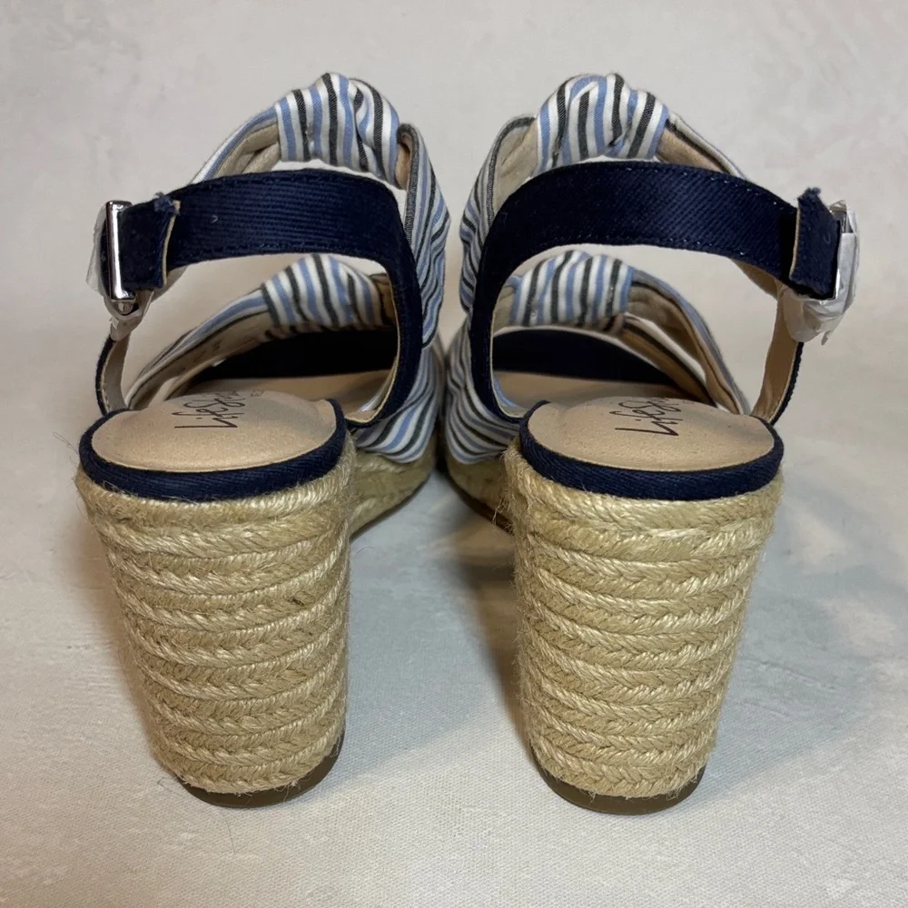 Life Stride Navy and White Striped Wedge Sandals, chambray, NWOT, size 11